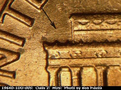 Die-stage B marker on 1964D•1DR•005 (1964 Doubled Die Reverse).