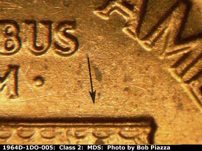 Die-stage B marker on 1964D•1DR•005 (1964 Doubled Die Reverse).
