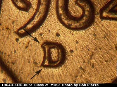 Die-stage B marker on 1964D•1DR•005 (1964 Doubled Die Reverse).