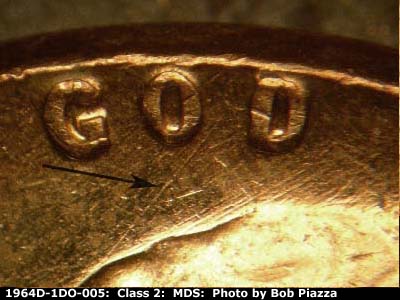 Die-stage B marker on 1964D•1DR•005 (1964 Doubled Die Reverse).