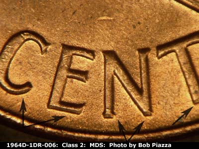 Die-stage B marker on 1964D•1DR•006 (1964 Doubled Die Reverse).