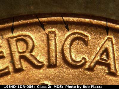 Die-stage B marker on 1964D•1DR•006 (1964 Doubled Die Reverse).