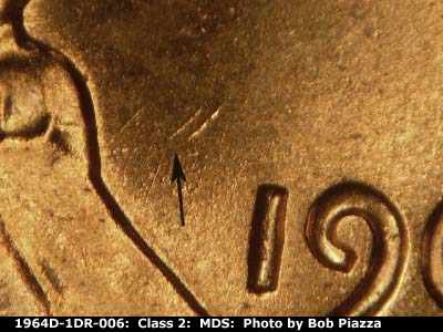 Die-stage B marker on 1964D•1DR•006 (1964 Doubled Die Reverse).