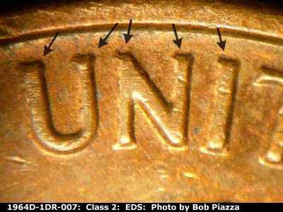 Die-stage A marker on 1964D•1DR•007 (1964 Doubled Die Reverse).