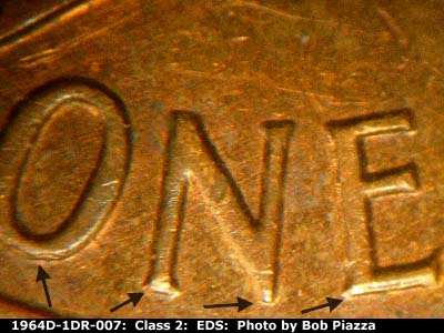 Die-stage A marker on 1964D•1DR•007 (1964 Doubled Die Reverse).