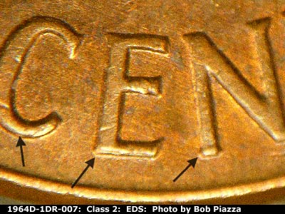 Die-stage A marker on 1964D•1DR•007 (1964 Doubled Die Reverse).