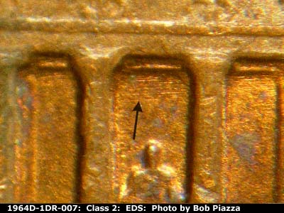 Die-stage A marker on 1964D•1DR•007 (1964 Doubled Die Reverse).