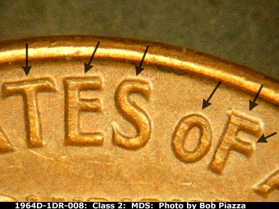Die-stage B marker on 1964D•1DR•008 (1964 Doubled Die Reverse).