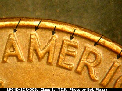 Die-stage B marker on 1964D•1DR•008 (1964 Doubled Die Reverse).
