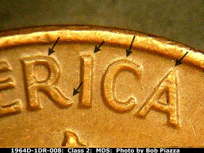 Die-stage B marker on 1964D•1DR•008 (1964 Doubled Die Reverse).