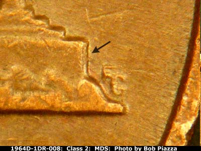 Die-stage B marker on 1964D•1DR•008 (1964 Doubled Die Reverse).