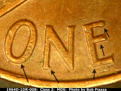 Die-stage B marker on 1964D•1DR•008 (1964 Doubled Die Reverse).