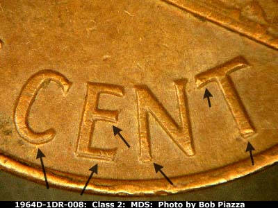 Die-stage B marker on 1964D•1DR•008 (1964 Doubled Die Reverse).