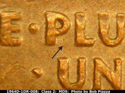 Die-stage B marker on 1964D•1DR•008 (1964 Doubled Die Reverse).