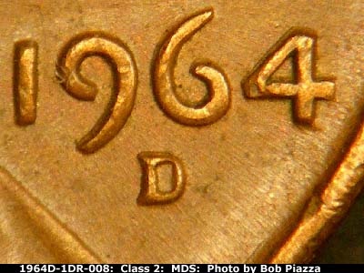 Die-stage B marker on 1964D•1DR•008 (1964 Doubled Die Reverse).