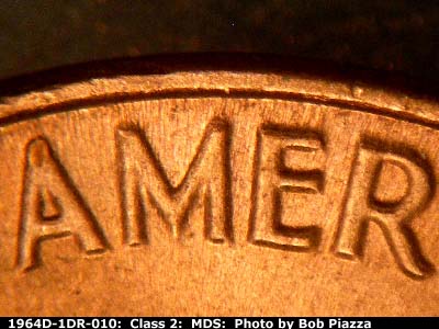 Die-stage B marker on 1964D•1DR•010 (1964 Doubled Die Reverse).