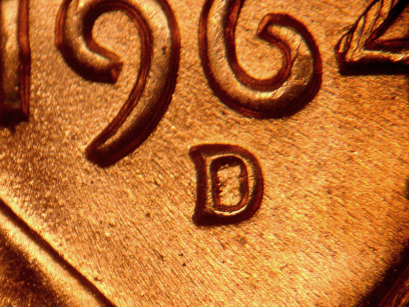 Die-stage B marker on 1964D•1DR•012 (1964 Doubled Die Reverse).