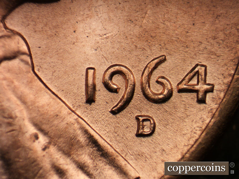 Die-stage B marker on 1964D•1DR•014 (1964 Doubled Die Reverse).