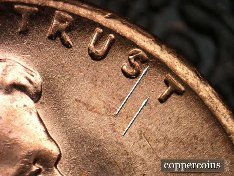 Die-stage B marker on 1964D•1DR•014 (1964 Doubled Die Reverse).