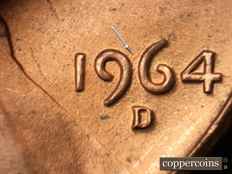 Die-stage B marker on 1964D•1DR•016 (1964 Doubled Die Reverse).