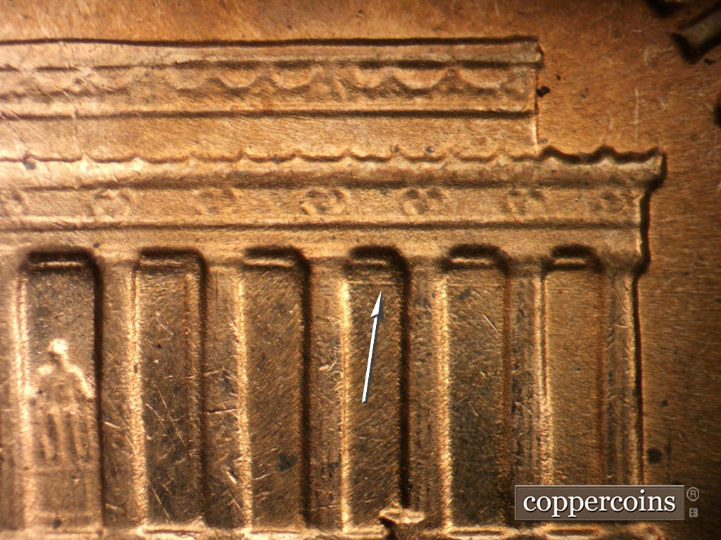 Die-stage B marker on 1964D•1DR•018 showing E/W die scratch in top of bay 9 in memorial.