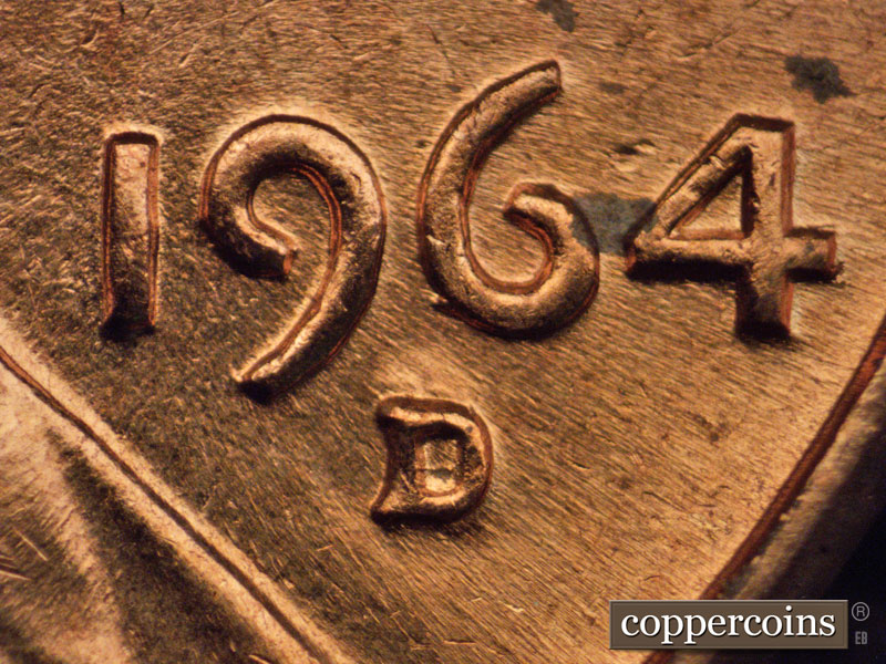 1964 Lincoln cent obverse, CopperCoins die 1964D•1MM•004.