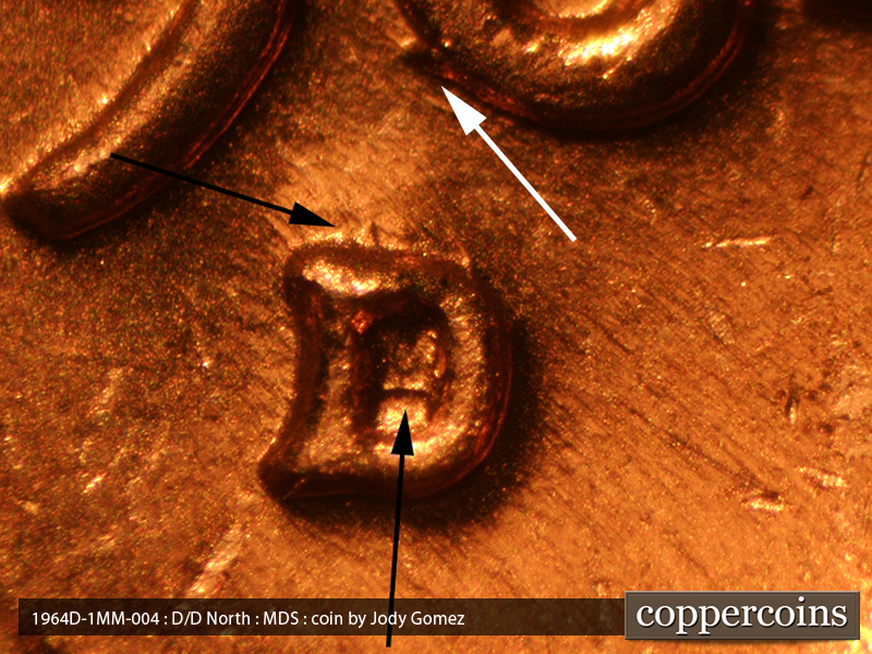 Die-stage C marker on 1964D•1MM•004 (1964 Repunched Mint Mark).
