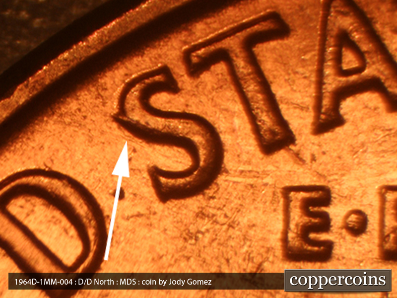 Die-stage C marker on 1964D•1MM•004 (1964 Repunched Mint Mark).