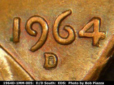Die-stage A marker on 1964D•1MM•005 showing Closeup of repunched mintmark.