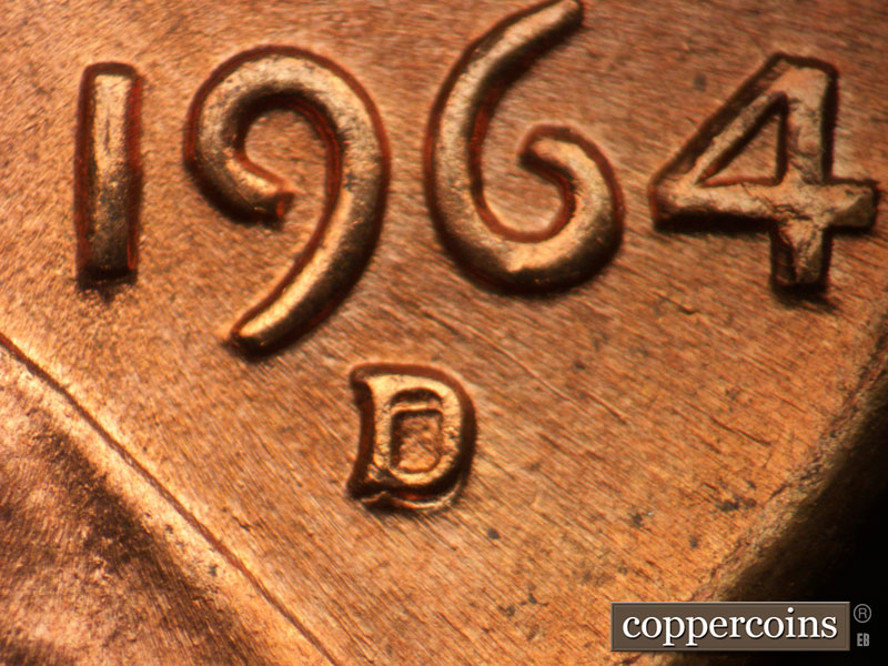 1964 Lincoln cent obverse, CopperCoins die 1964D•1MM•005 — Closeup of repunched mintmark.