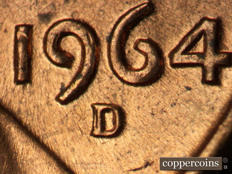 1964 Lincoln cent obverse, CopperCoins die 1964D•1MM•006.