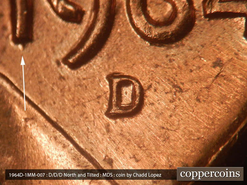 1964 Lincoln cent obverse, CopperCoins die 1964D•1MM•007.