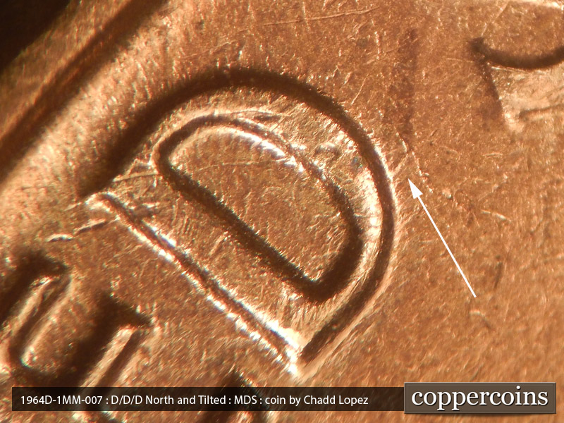 Die-stage B marker on 1964D•1MM•007 (1964 Repunched Mint Mark).