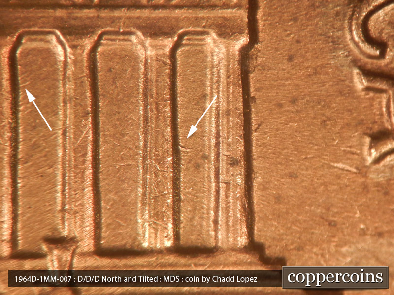 Die-stage B marker on 1964D•1MM•007 (1964 Repunched Mint Mark).
