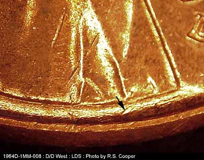 Die-stage C marker on 1964D•1MM•008 (1964 Repunched Mint Mark).