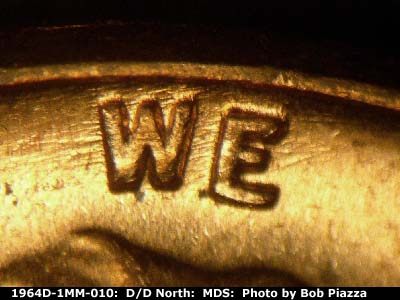 Die-stage B marker on 1964D•1MM•010 (1964 Repunched Mint Mark).