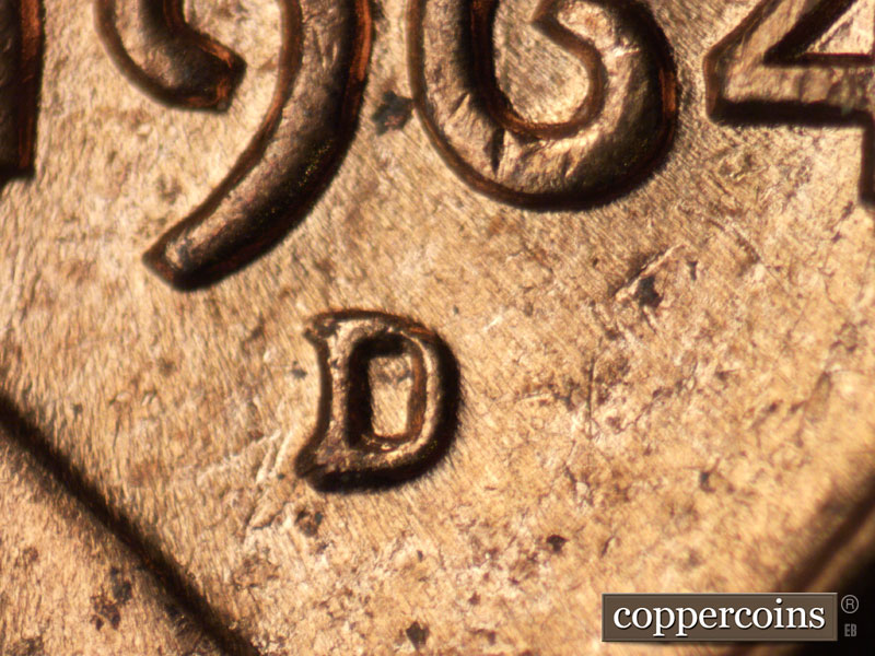 1964 Lincoln cent obverse, CopperCoins die 1964D•1MM•013.