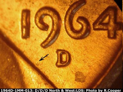 Die-stage C marker on 1964D•1MM•013 (1964 Repunched Mint Mark).