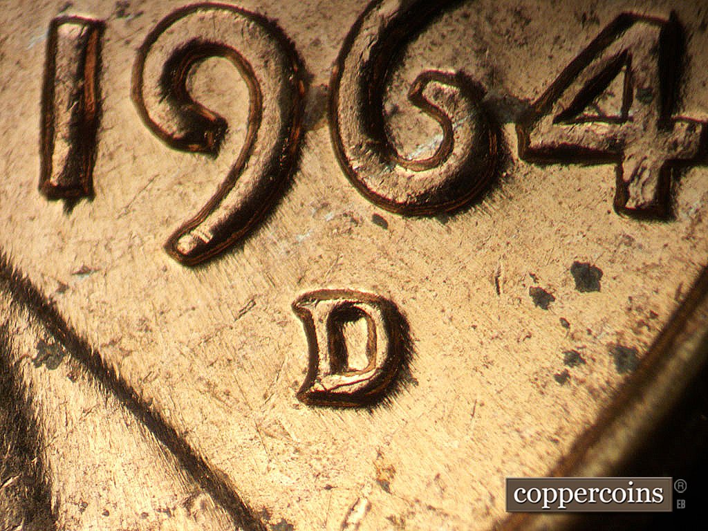 Die-stage B marker on 1964D•1MM•014 showing Closeup of repunched mintmark.
