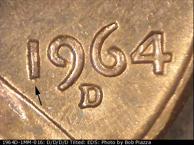 Die-stage A marker on 1964D•1MM•016 (1964 Repunched Mint Mark).