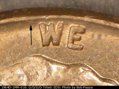 Die-stage A marker on 1964D•1MM•016 (1964 Repunched Mint Mark).