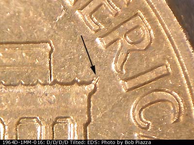 Die-stage A marker on 1964D•1MM•016 (1964 Repunched Mint Mark).