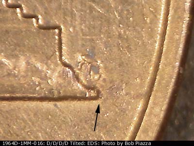 Die-stage A marker on 1964D•1MM•016 (1964 Repunched Mint Mark).