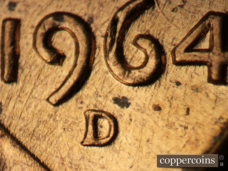 1964 Lincoln cent obverse, CopperCoins die 1964D•1MM•018.