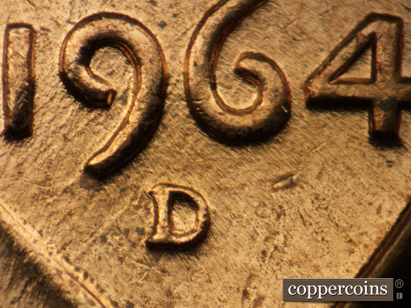 Die-stage C marker on 1964D•1MM•018 (1964 Repunched Mint Mark).