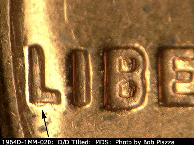 Die-stage B marker on 1964D•1MM•020 (1964 Repunched Mint Mark).