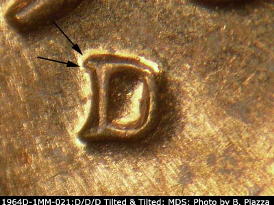 Die-stage B marker on 1964D•1MM•021 (1964 Repunched Mint Mark).