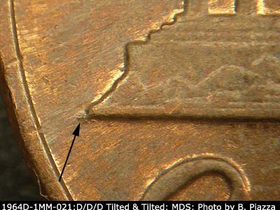 Die-stage B marker on 1964D•1MM•021 (1964 Repunched Mint Mark).