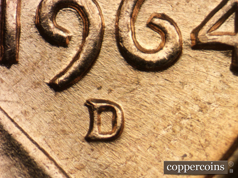Die-stage A marker on 1964D•1MM•022 (1964 Repunched Mint Mark).