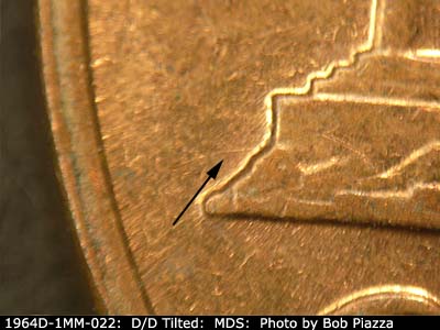 Die-stage B marker on 1964D•1MM•022 (1964 Repunched Mint Mark).